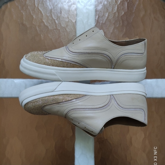 Giuseppe Zanotti Beige Leather Slip On Sneakers with Gold Studs Women's 39 - Picture 5 of 15